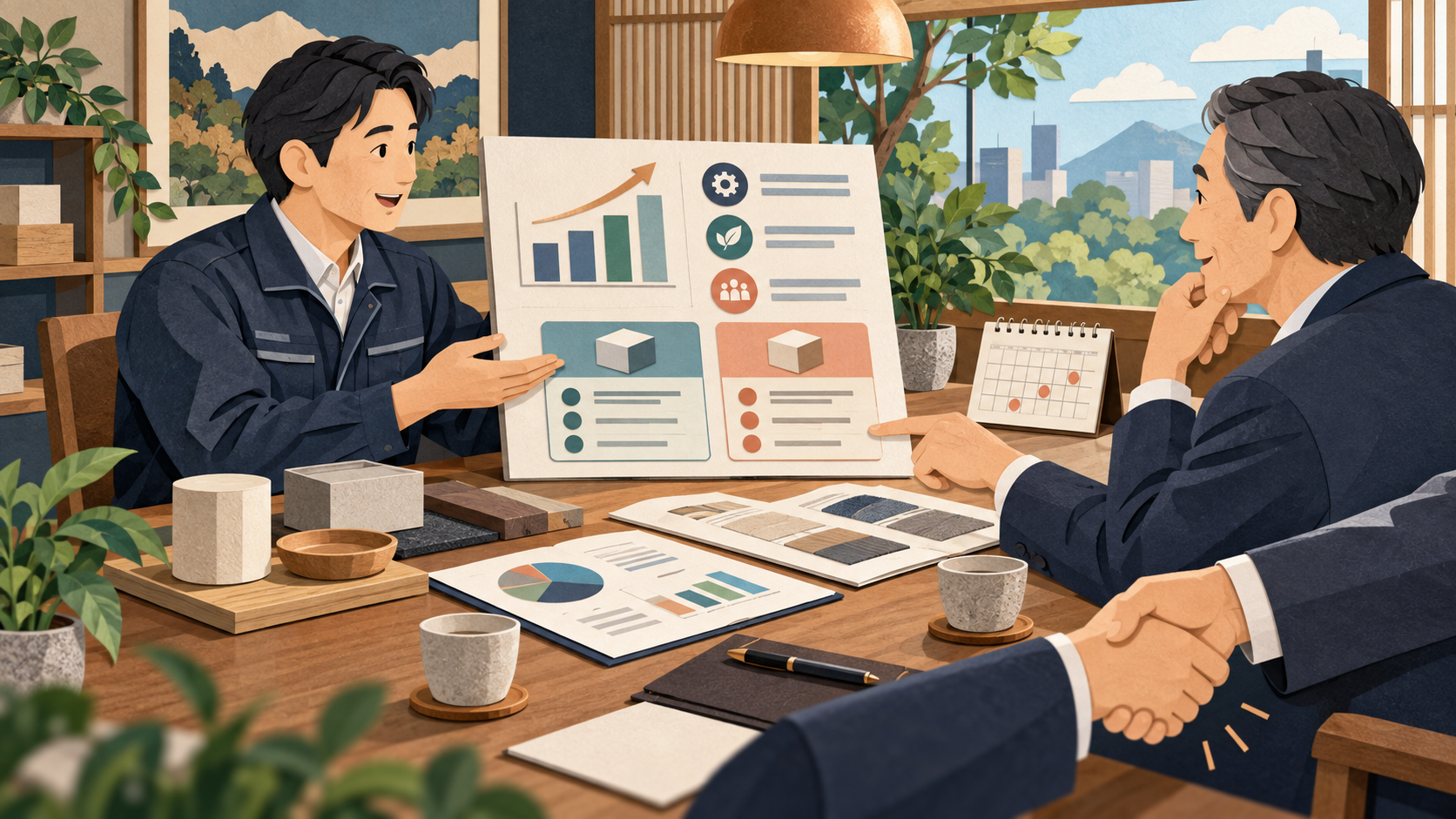 資料と代替案を用いて顧客と価格改定を協議する中小企業担当者