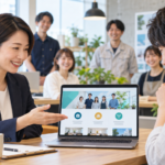 採用ページを見ながら仕事内容を説明する中小企業の採用担当者