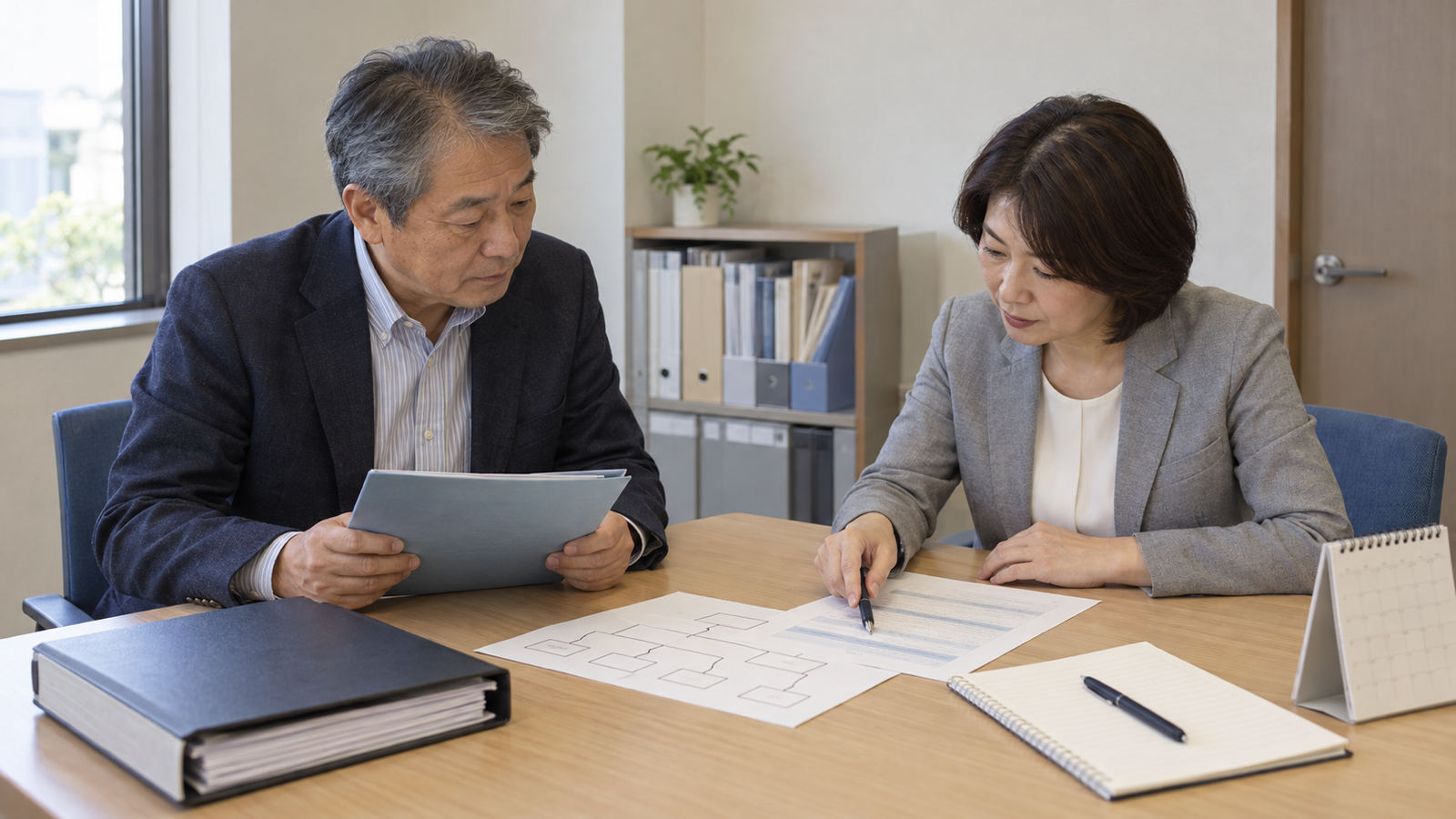 会社概要の資料を持つ中小企業経営者と、組織図・準備確認表を示す女性支援担当者の初回相談