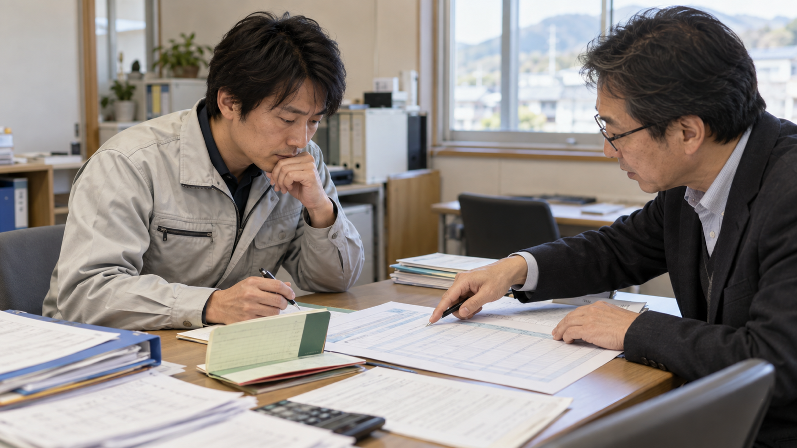 資金繰り表と通帳を持参し、支援担当者と今後の現預金予定を確認する中小企業経営者