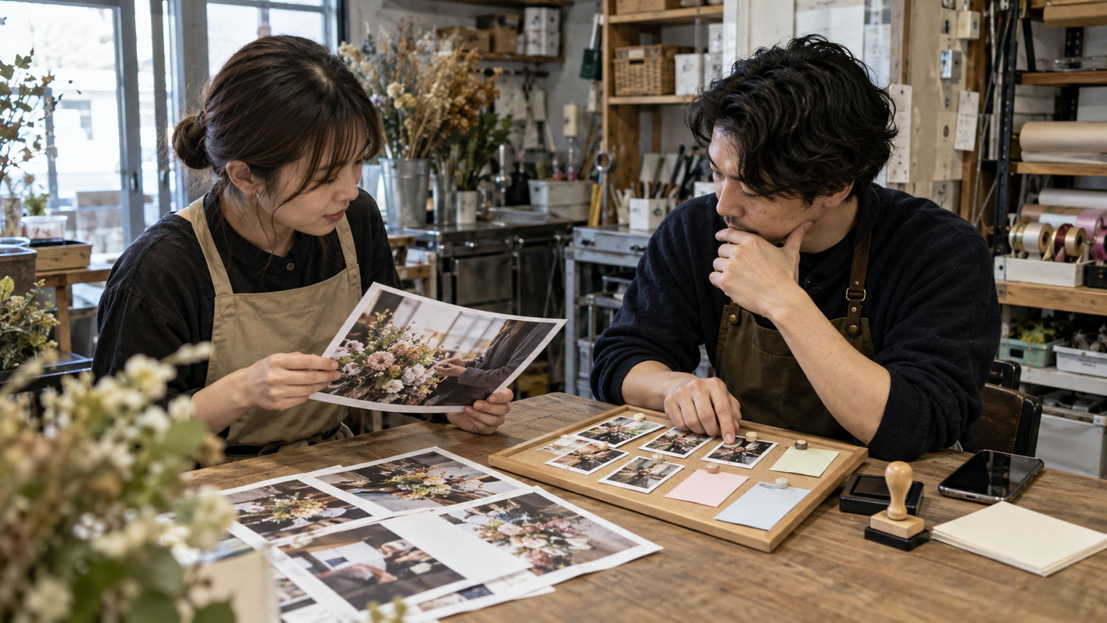 花の工房で写真見本と投稿ボードを見比べ、公開内容を確認する二人のスタッフ