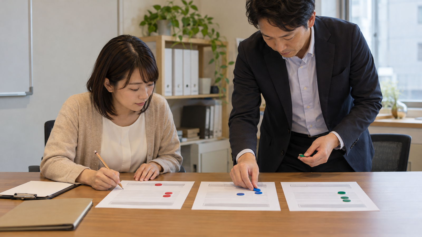 広告担当者が問い合わせ票へ記録し、営業担当者が赤・青・緑の印で三種類に分類する様子
