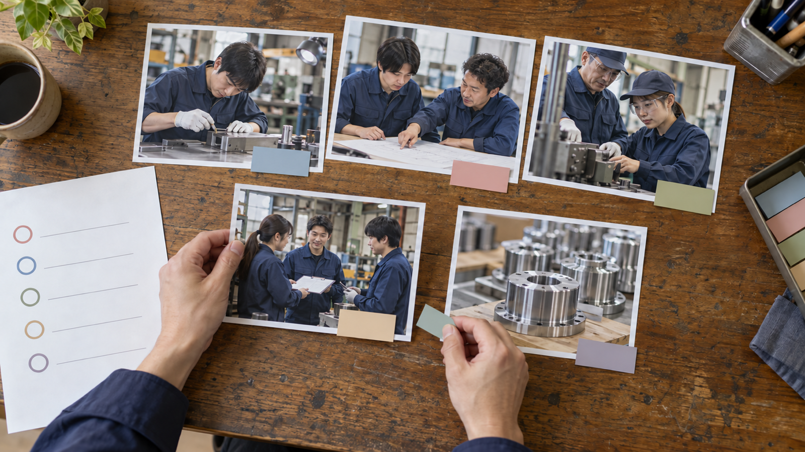 作業、相談、教育、引き継ぎ、完成品を写した五枚の写真を、色分けした付箋と確認表で整理する採用担当者の手元
