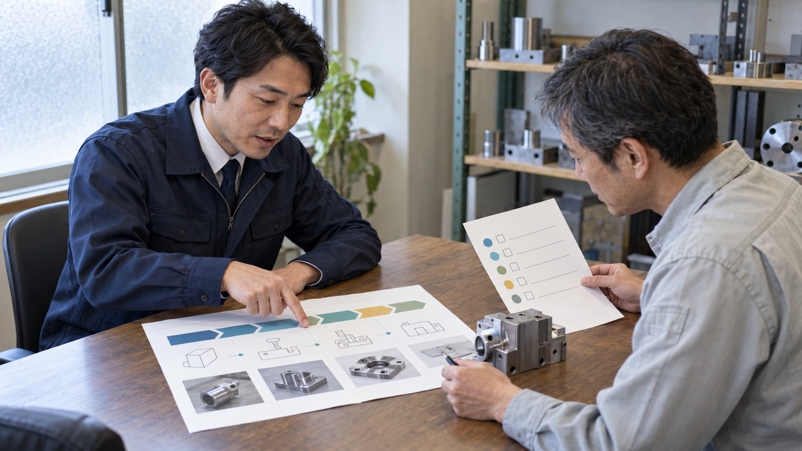 製品サンプルを前に、工程図を指す営業担当者と色付きチェック表を確認する技術担当者