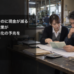 町工場の事務所で預金通帳と資金資料を確認する経営者と経理担当者、左側に記事タイトル