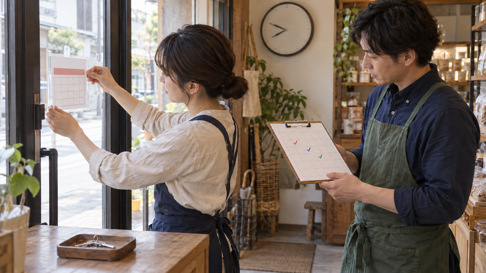 店頭の営業時間表を掲示する女性スタッフと、色付きチェックのある営業予定表を照合する男性スタッフ