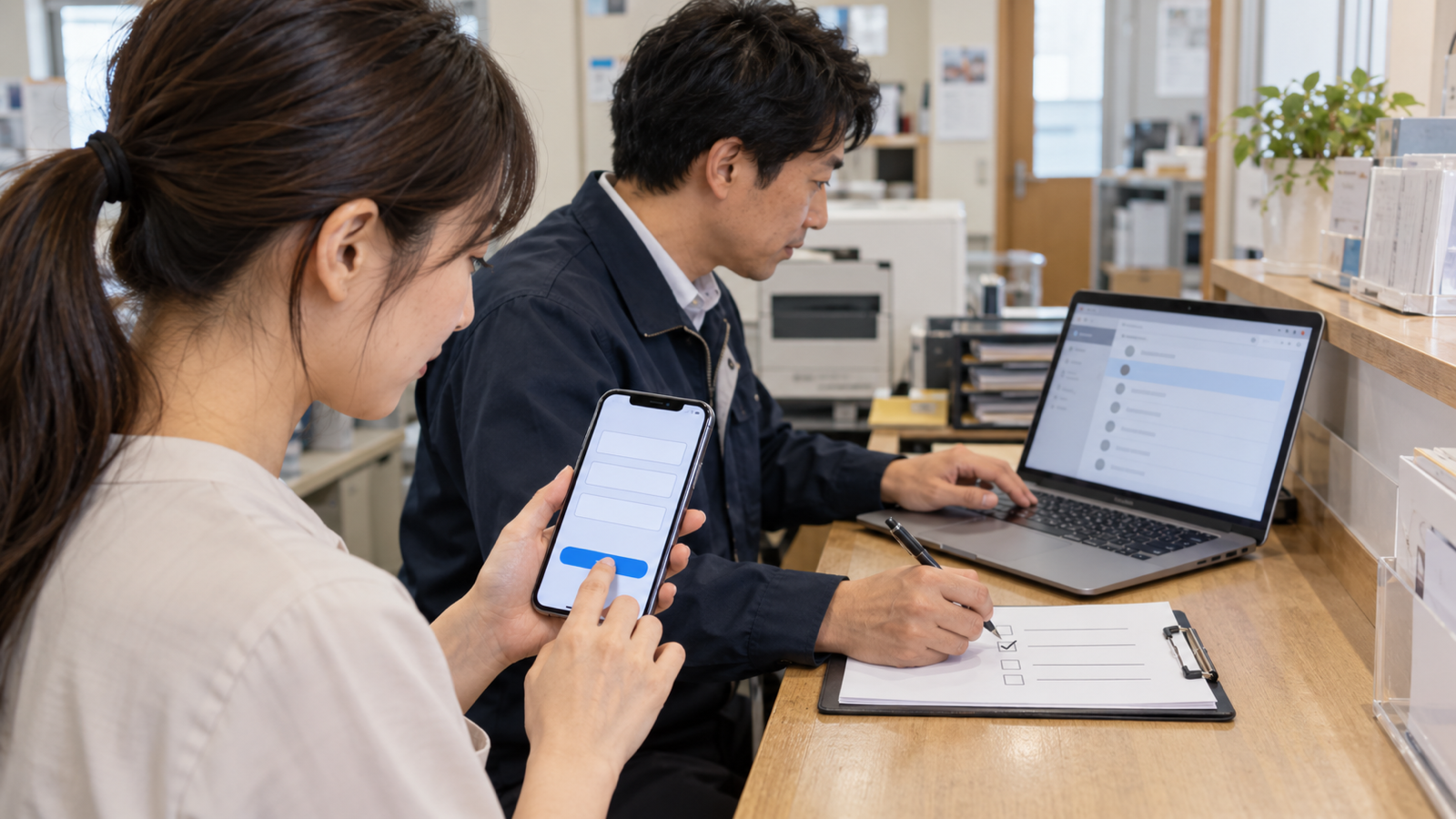 スマートフォンからテスト問い合わせを送り、ノートパソコンで受信を確認してチェック表へ記録する二人の担当者